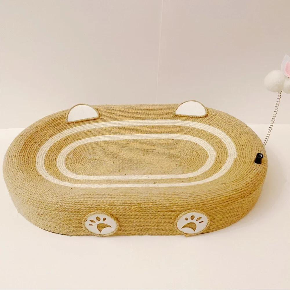 Oval Sisal Cat Scratcher Bed, 24x15 Inch for Big Cats with Spring Teaser Cat Toy